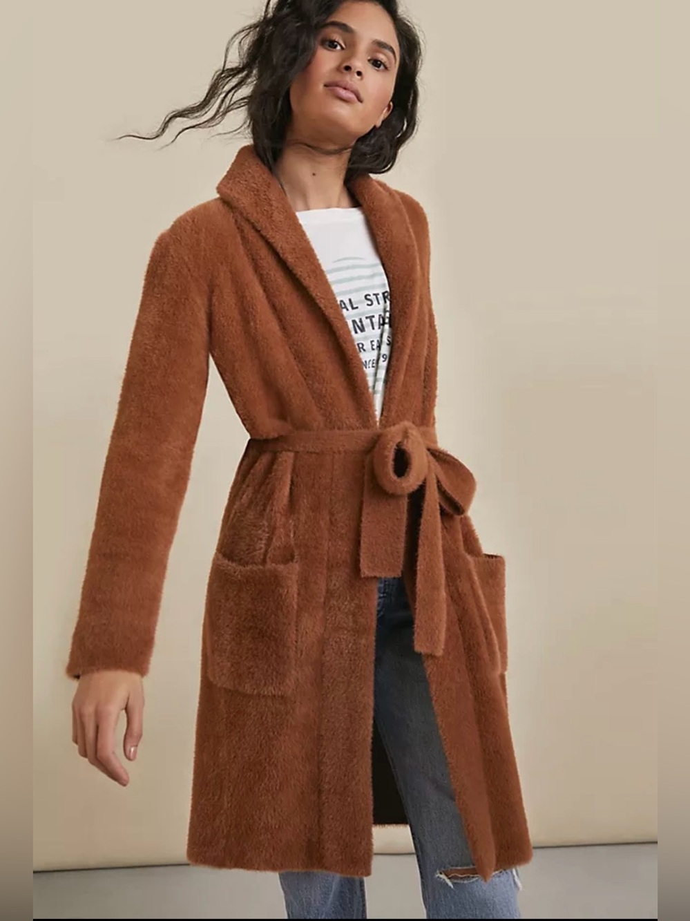 Anthropologie Nancy Eyelash Belted Cardigan Sweater Honey Brown